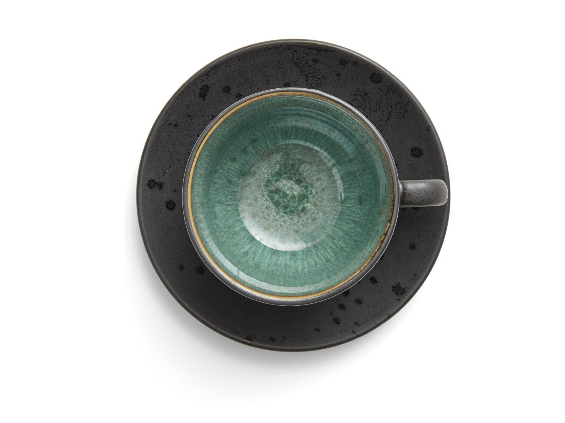 Bitz Koffiekop (240ml) + schotel van zwart aardewerk met gekleurde (donkere tinten) binnenkant (8-Delig) - Accessoire Loods