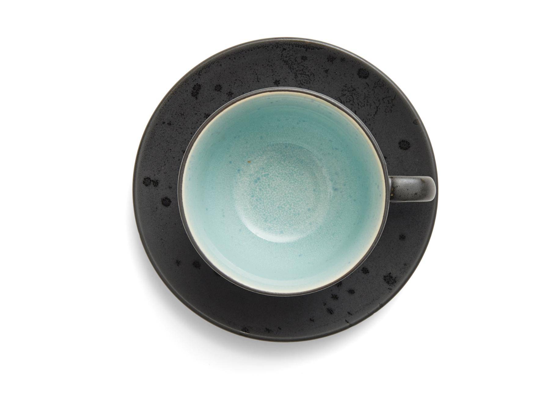 Bitz Koffiekop (240ml) + schotel van zwart aardewerk met gekleurde (donkere tinten) binnenkant (8-Delig) - Accessoire Loods