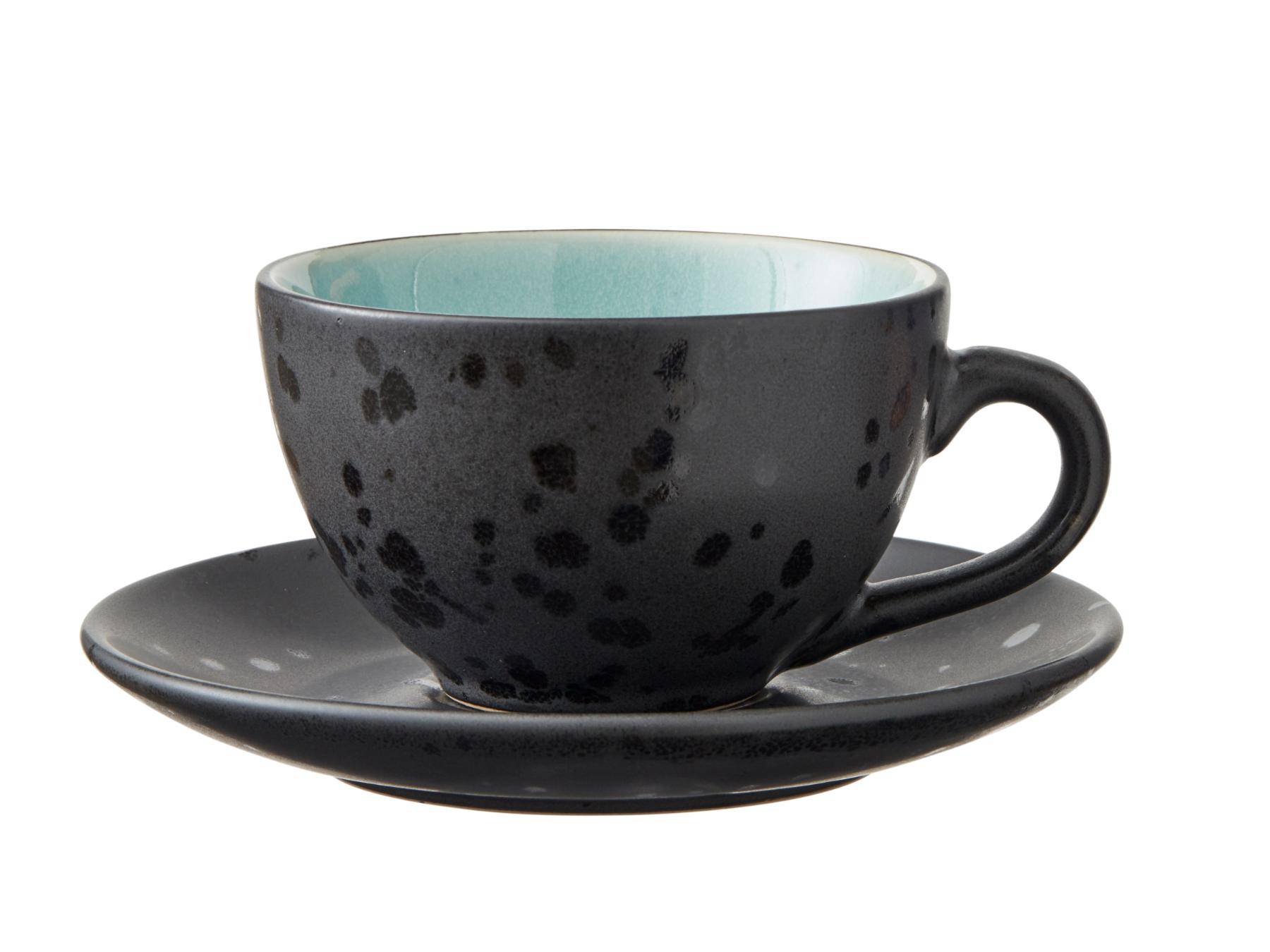 Bitz Koffiekop (240ml) + schotel van zwart aardewerk met gekleurde (donkere tinten) binnenkant (8-Delig) - Accessoire Loods