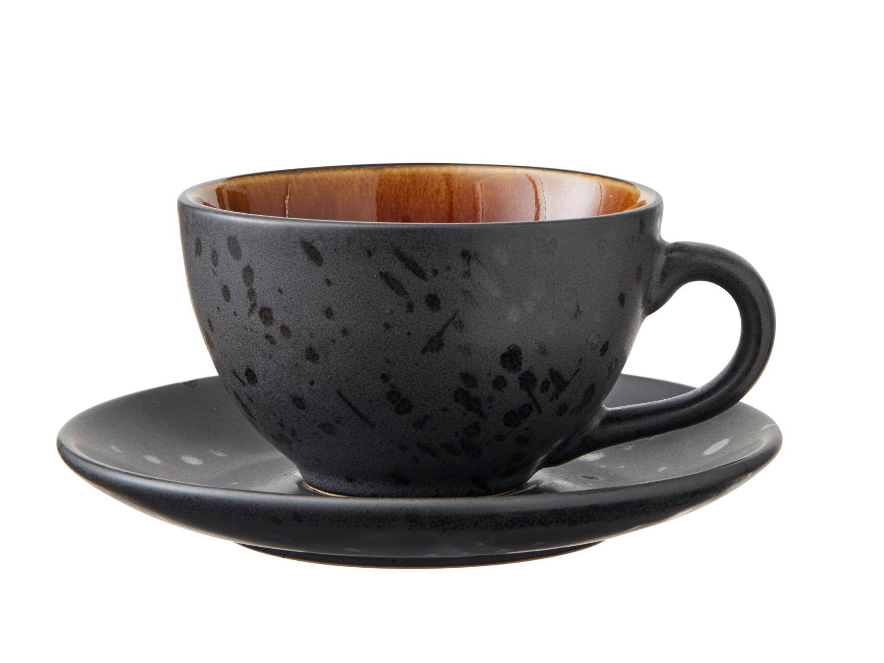 Bitz Koffiekop (240ml) + schotel van zwart aardewerk met gekleurde (lichte tinten) binnenkant (8-Delig) - Accessoire Loods