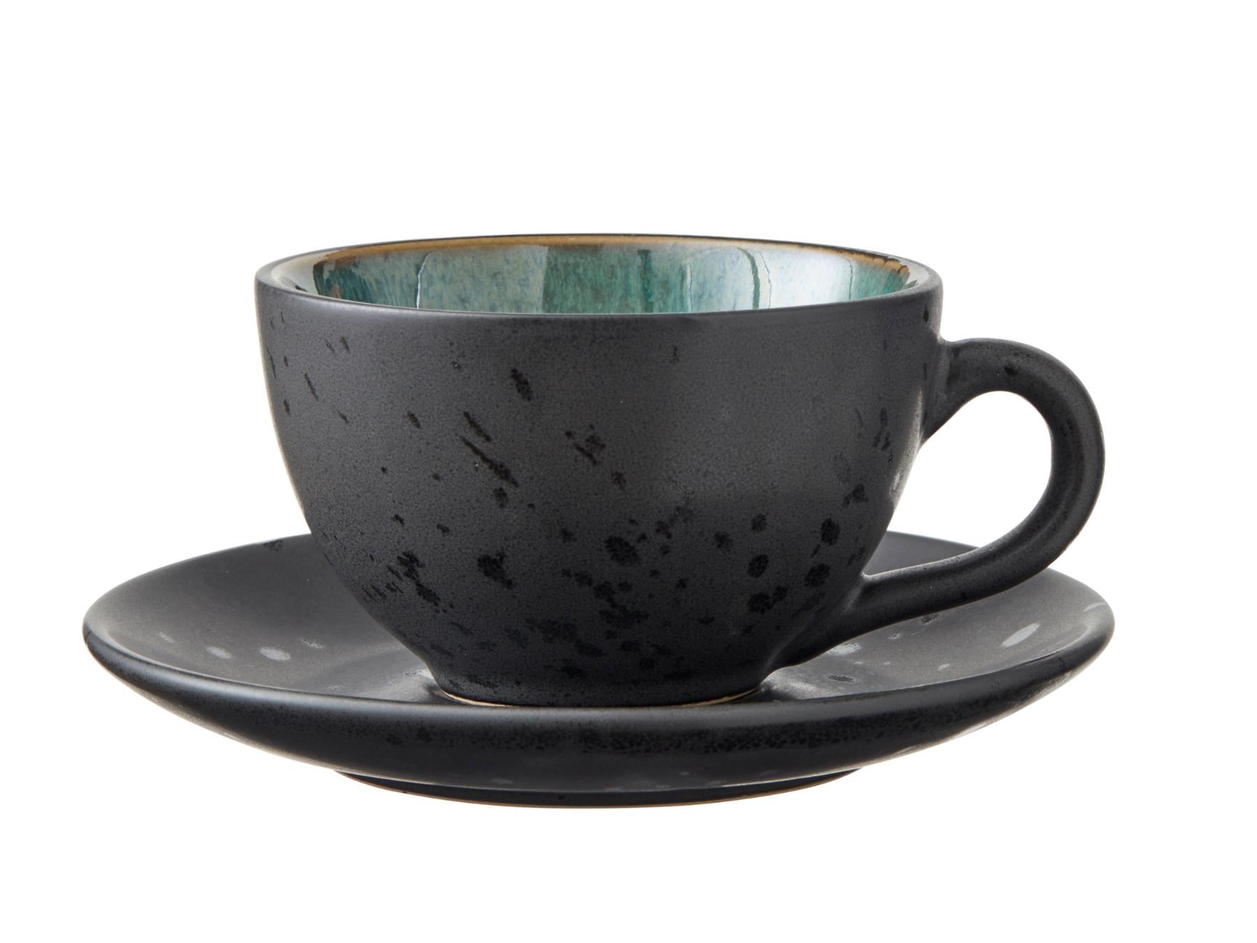 Bitz Koffiekop (240ml) + schotel van zwart aardewerk met gekleurde (donkere tinten) binnenkant (8-Delig) - Accessoire Loods