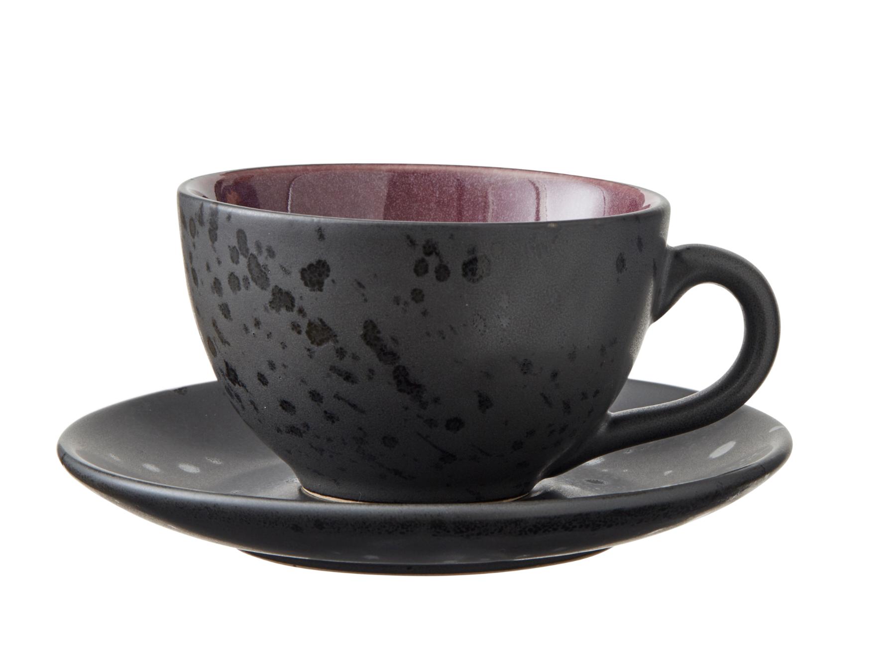 Bitz Koffiekop (240ml) + schotel van zwart aardewerk met gekleurde (lichte tinten) binnenkant (8-Delig) - Accessoire Loods
