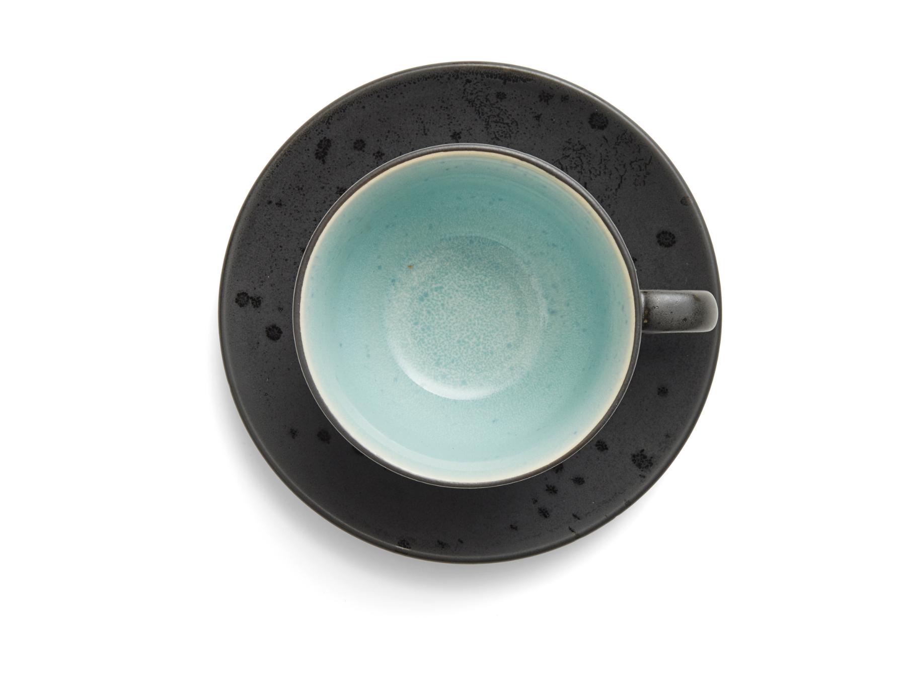 Bitz Koffiekop (240ml) + schotel van zwart aardewerk met gekleurde (donkere tinten) binnenkant (8-Delig) - Accessoire Loods