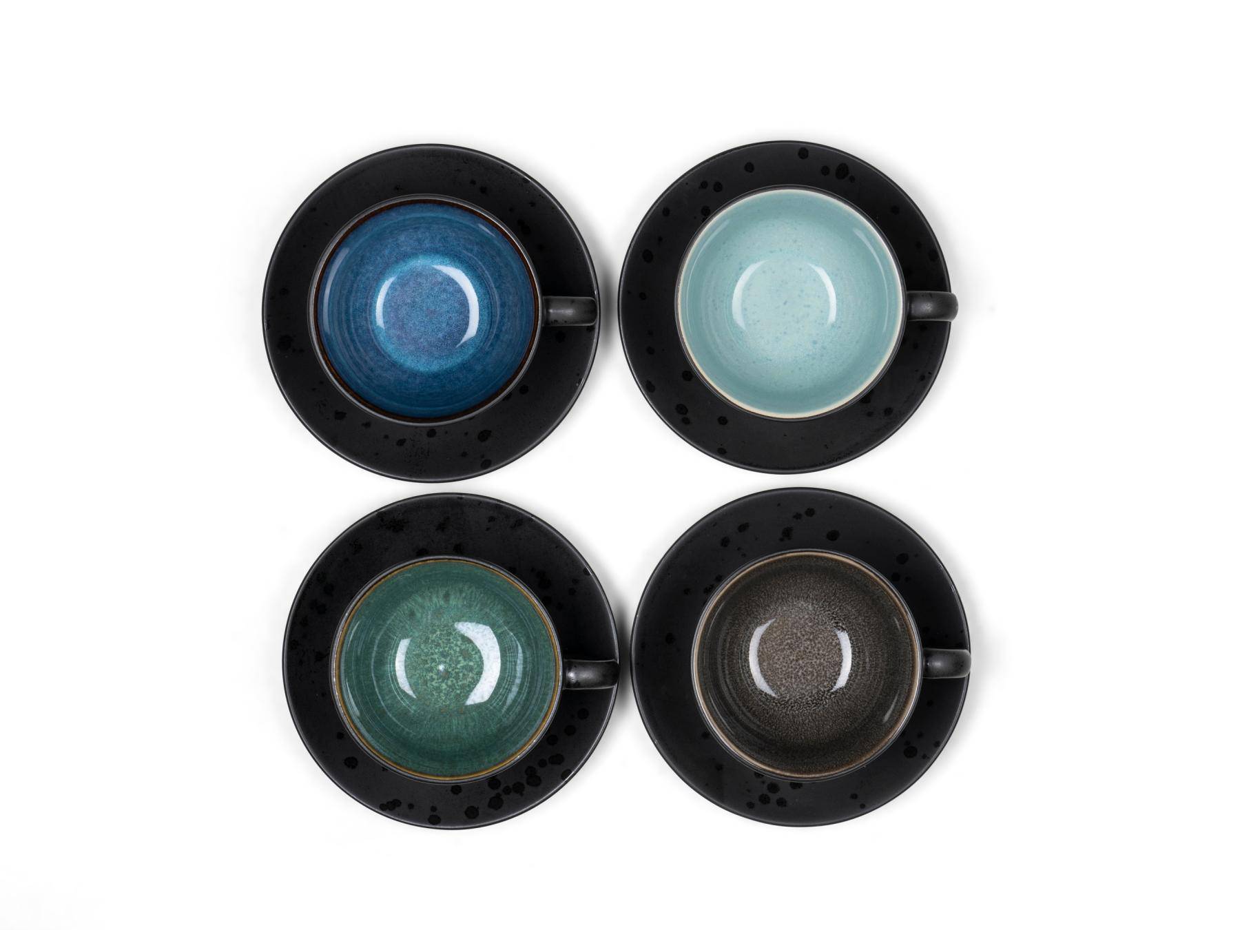Bitz Koffiekop en schotel (240ml) van zwart aardewerk met gekleurde (donkere tinten) binnenkant (8 - Delig) - BITZ - Accessoire Loods