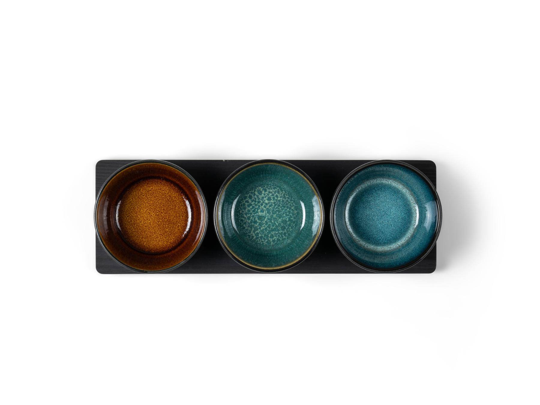 Bitz Cabaret set van 3 schaaltjes (10 cm diameter) + serveertray - Donker Blauw, Groen, Amber - Accessoire Loods