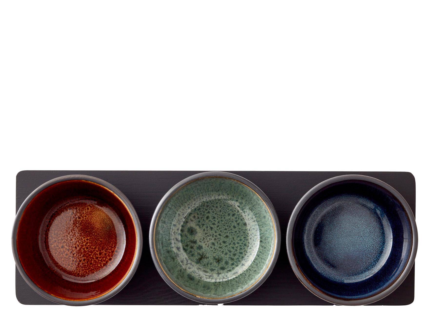 Bitz Cabaret set van 3 schaaltjes (10 cm diameter) + serveertray - Donker Blauw, Groen, Amber - Accessoire Loods