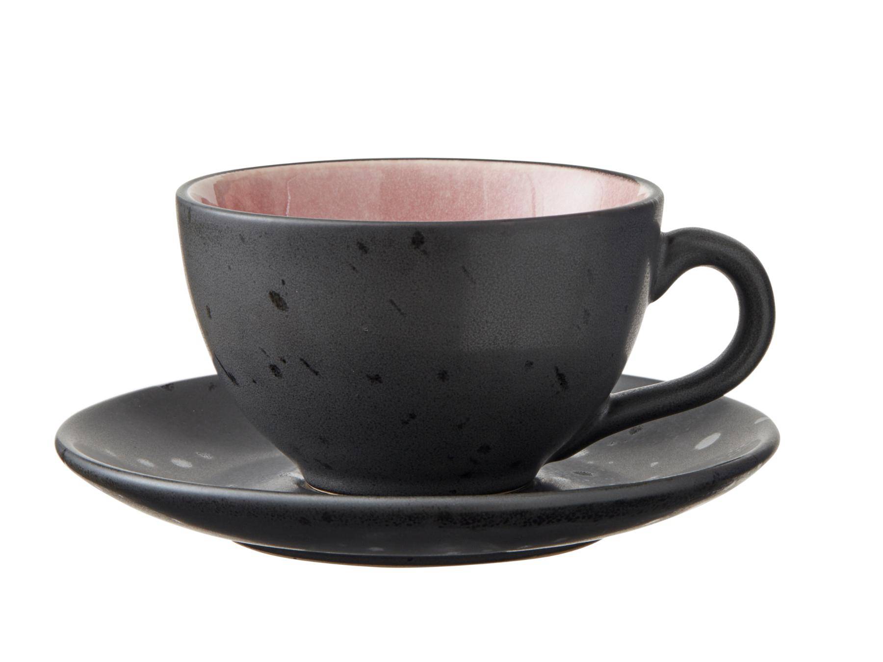 Bitz Koffiekop (240ml) + schotel van zwart aardewerk met gekleurde (lichte tinten) binnenkant (8-Delig) - Accessoire Loods