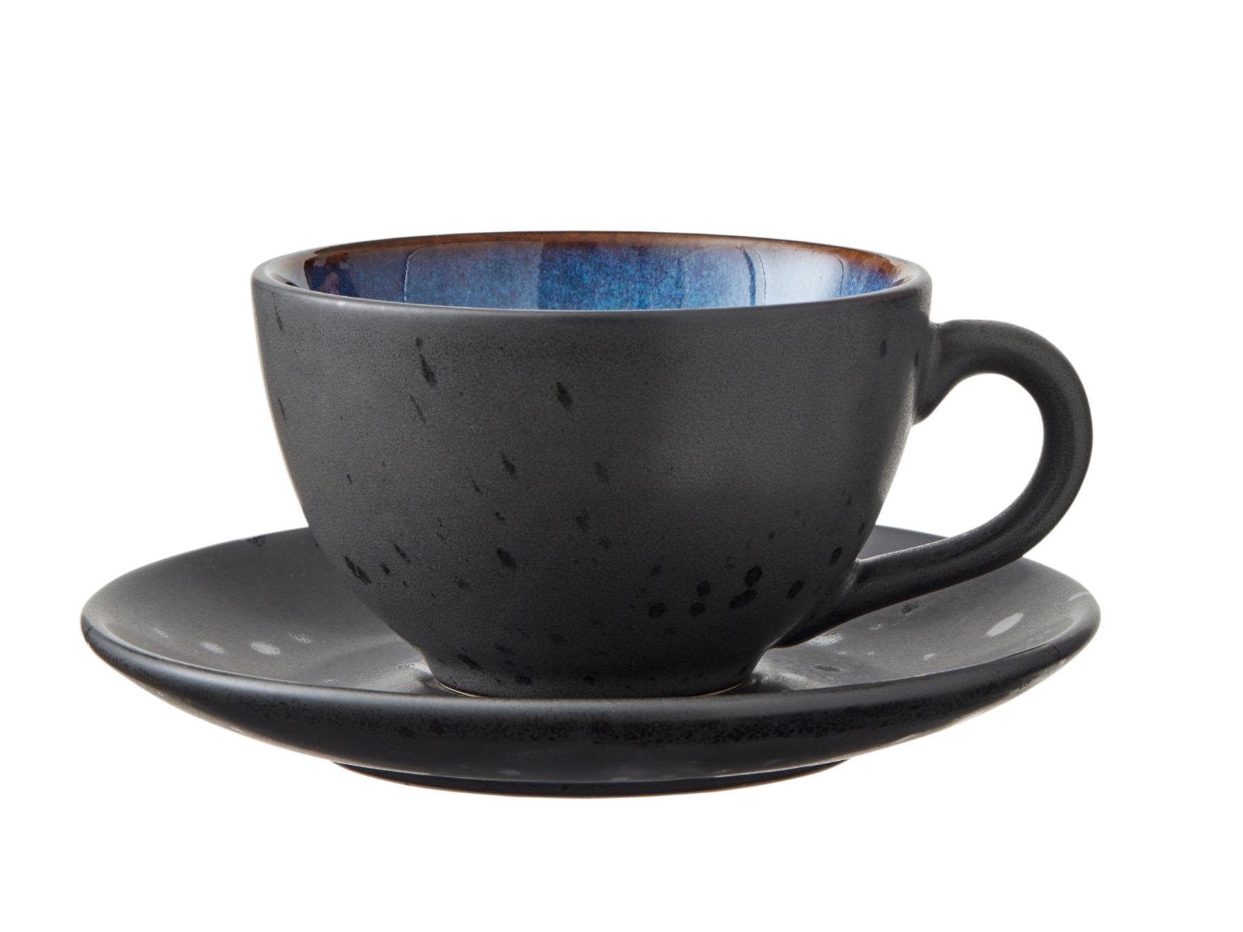 Bitz Koffiekop (240ml) + schotel van zwart aardewerk met gekleurde (donkere tinten) binnenkant (8-Delig) - Accessoire Loods